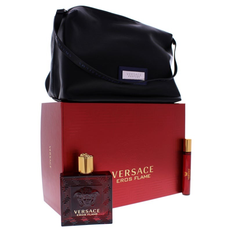 Eros Flame by Versace for Men - 3 Pc Gift Set 3.4oz EDP Spray, 0.3oz EDP Spray, Trousse Man